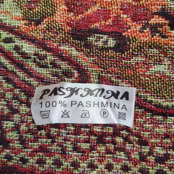 100% Pashmina Shawl 67.5 x 27 Red Orange Gold Shimmer Jacquard Paisley Fringe - Picture 6 of 12
